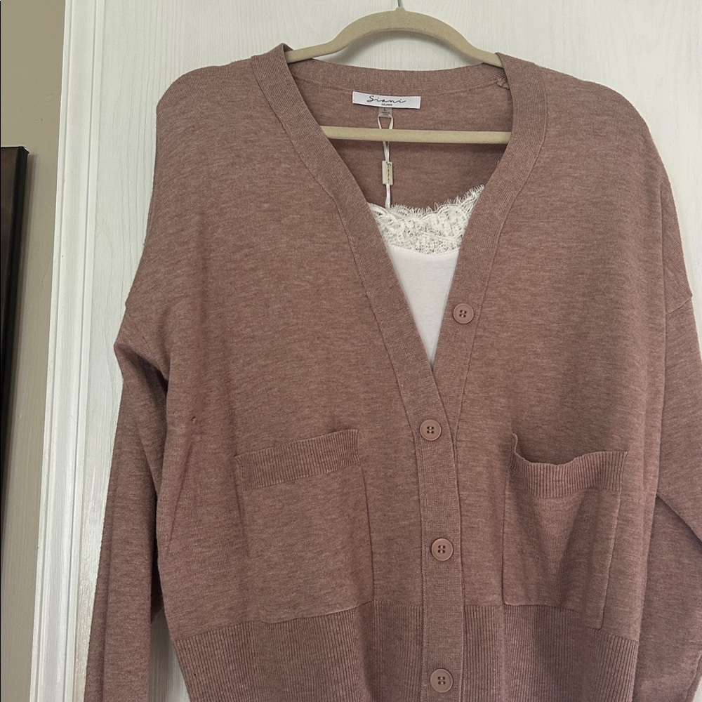 Sioni Dusty Rose Cardigan with Lace Detail